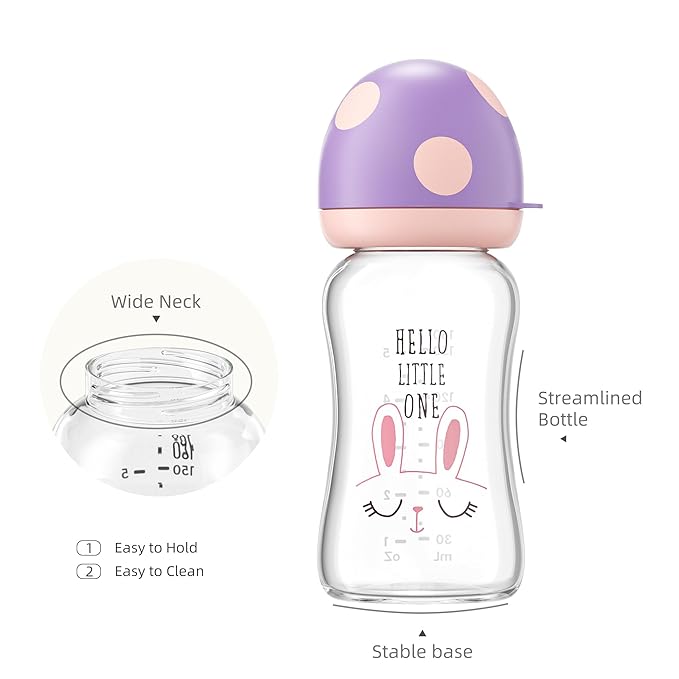 YOHKOH Natural Glass Baby Bottle with Level 1 Slow Flow Nipple, Newborn Anti-Colic Baby Bottles, Wide Neck Mushroom Baby Glass Bottle ((5.4oz (Pack of 2), Purple)