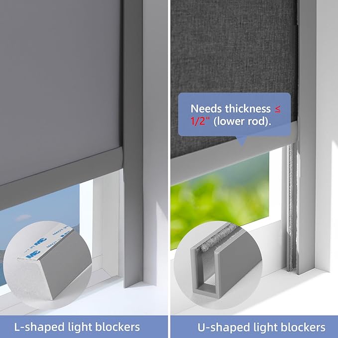 ZSTARR U Channel Aluminium Alloy Light Blocking Strips for Roller Blinds Light Gap Blockers Window Shades Side Rail Tracks Bedroom Sleep Nursery (Grey,58",2Pcs)