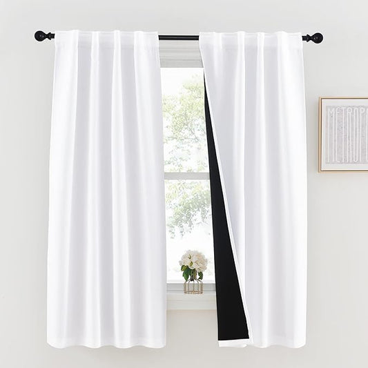 NICETOWN 100% Blackout Short Curtain Panels, Cold and Full Light Blocking Drapes, Short Curtains, 63 Inches Drop Thermal Insulated Draperies for Loft (Pure White, 2 Pieces, 37 inches Wide per Panel)