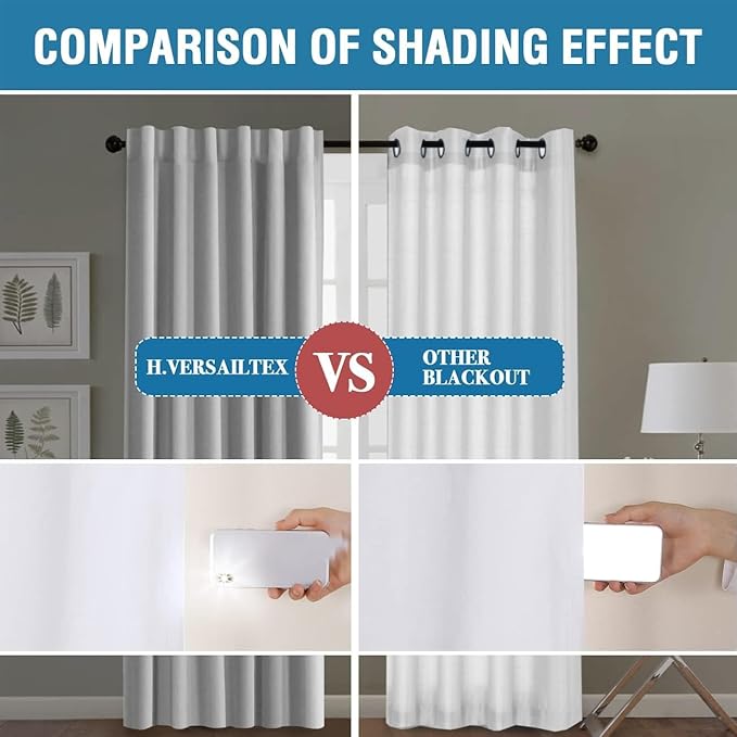 H.VERSAILTEX 100% Blackout Curtains for Bedroom with Black Liner Full Room Darkening Curtain 96 Inch Long Thermal Insulated Back Tab/Rod Pocket Window Drapes for Living Room, 2 Panels, Greyish White