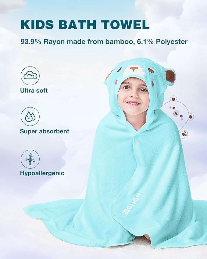 ZIONOR Hooded Bath Towel for Kids - 50''L x 35''W Extra-Large Hooded Towels for Big Kids 6-10, Kids Beach Towels Made from Bamboo Rayon, Suitable for Bath, Pool, Beach(Blue Bear)