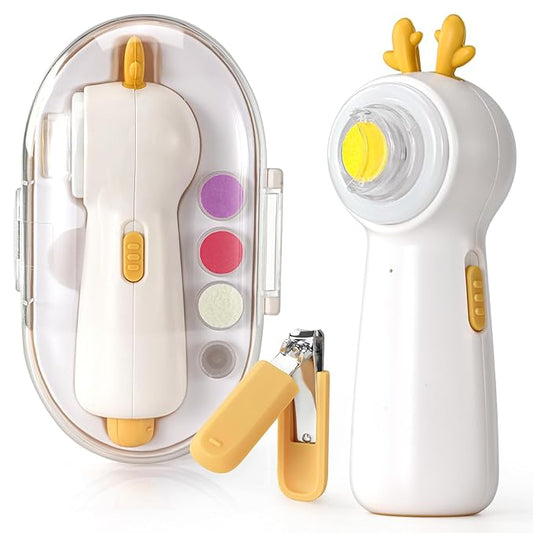 Baby Electric Nail File with Clipper, 5-in-1 Baby Nail Trimmer with LED Light, Rechargeable Nail Clippers for Infant Toddler Kid Adult, Low Noise, Includes 5 File Pads, Yellow Deer