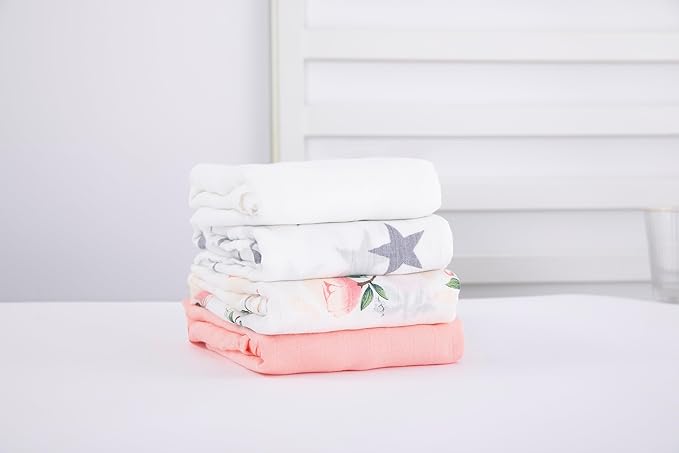 Muslin Swaddle Blankets for Baby Boys and Girls, 4-Pack Breathable and Skin-Friendly Receiving Blanket Wrap, Baby Essentials, Registry & Gift, 47 x 47 inches (Rosy Contrast)