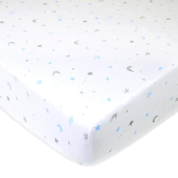 American Baby Company 2 Pack 100% Natural Cotton Fitted Crib Sheets 52" x 28" - Soft, Breathable, Hypoallergenic & Gentle Toddler Bed Sheets, Blue Stars/Zigzag, Neutral for Boys & Girls
