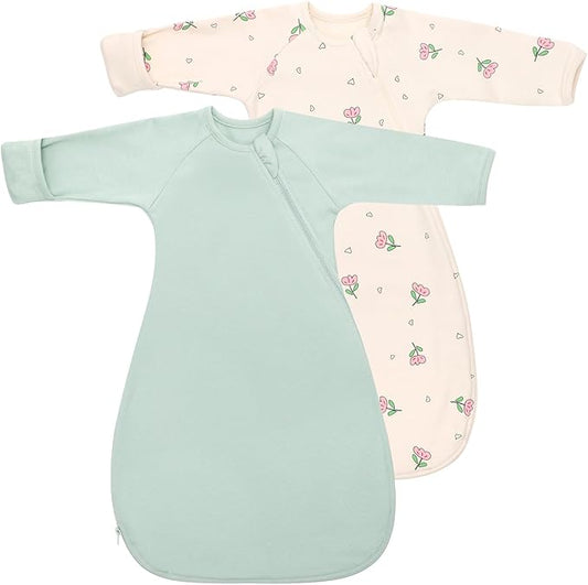Newborns Baby Transitional Swaddle Sack Arms Up Length Sleeves Mitten Cuffs 2 Pack 0-3 Months, Wearable Sleeping Bag Swaddling Blanket for Boys Girls, Cotton Sleep Sacks Snug Fit Calms Startle Reflex
