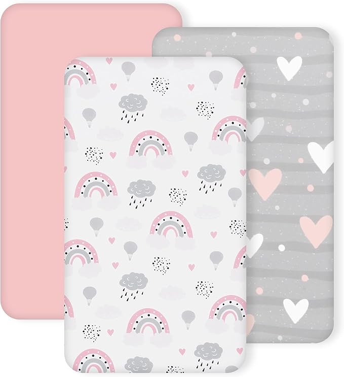 3 Pack Stretchy Bassinet Sheets - Universal Fit for Rectangle, Round, Oval, Hourglass Cradles & Moses Baskets - Soft Breathable Fitted Bassinet Sheets Set for Baby - Pink & Grey Heart