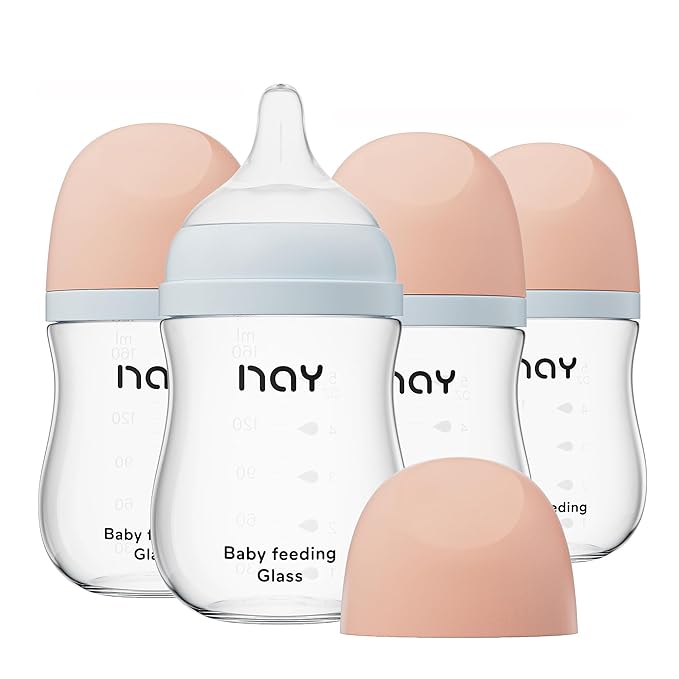 yanyoyo Natural Glass Baby Bottle Wide Neck, Anti-Colic Baby Bottle, Clear, 5.4oz(Pack of 4), Includes 4Pcs Natural Response Nipple(S), 1 Months+