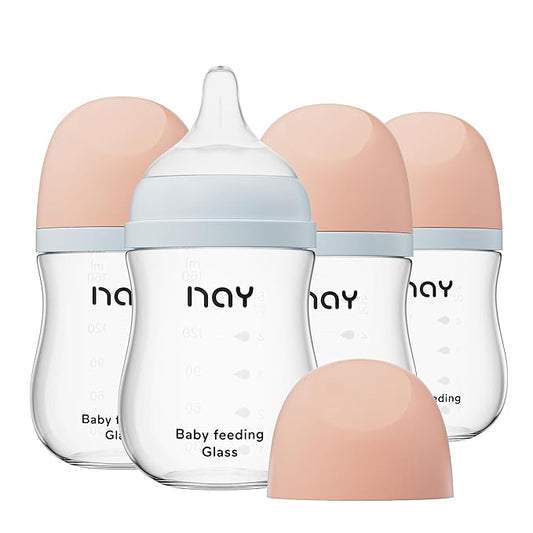 yanyoyo Natural Glass Baby Bottle Wide Neck, Anti-Colic Baby Bottle, Clear, 5.4oz(Pack of 4), Includes 4Pcs Natural Response Nipple(S), 1 Months+