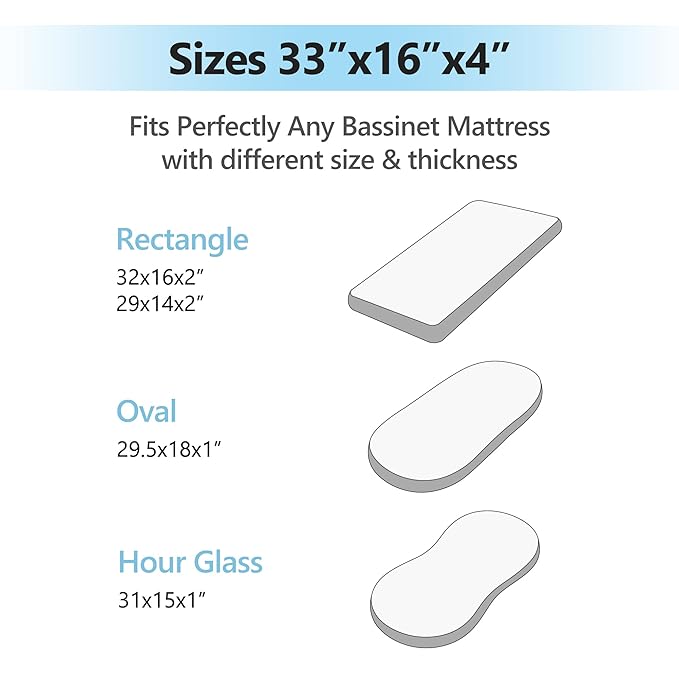 TILLYOU Baby Bassinet Sheets for Girls Boys 2 Pack Baby Sheets for Square Rectangle Oval Bassinet Mattress 33X16 Inch, Elephant & Cloud Gray