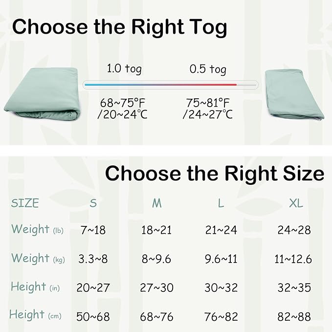 Supersoft Rayon Made from Bamboo Sleep Sack 6-12 Months 1.0 Tog Toddler Sleep Sack Baby Wearable Blanket with 2-Way Zipper Unisex Sleeping Bag for Babies All-year-around (2 Pack) Green & Gray
