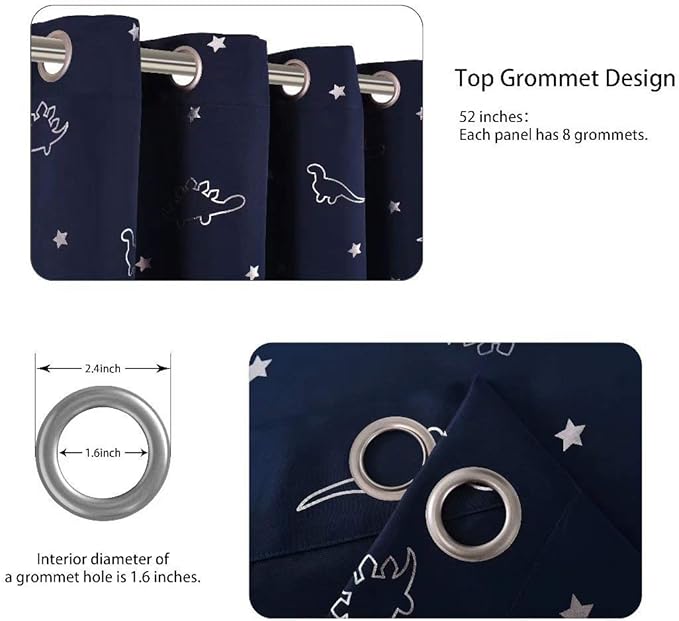 LORDTEX Dinosaur and Star Foil Print Blackout Curtains for Kids Room - Thermal Insulated Curtains Noise Reducing Window Drapes for Boys and Girls Bedroom, 52 x 63 Inch, Navy, Set of 2 Panels