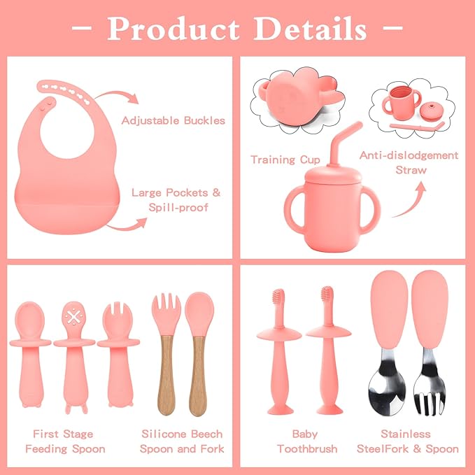 Silicone Baby Feeding Set - 13PCS Essentials With Suction Bowl, Plate, Spoons, Forks, Bib, Cup, Toothbrush - Led Weaning Supplies for 6+ Months Eating (Pink)