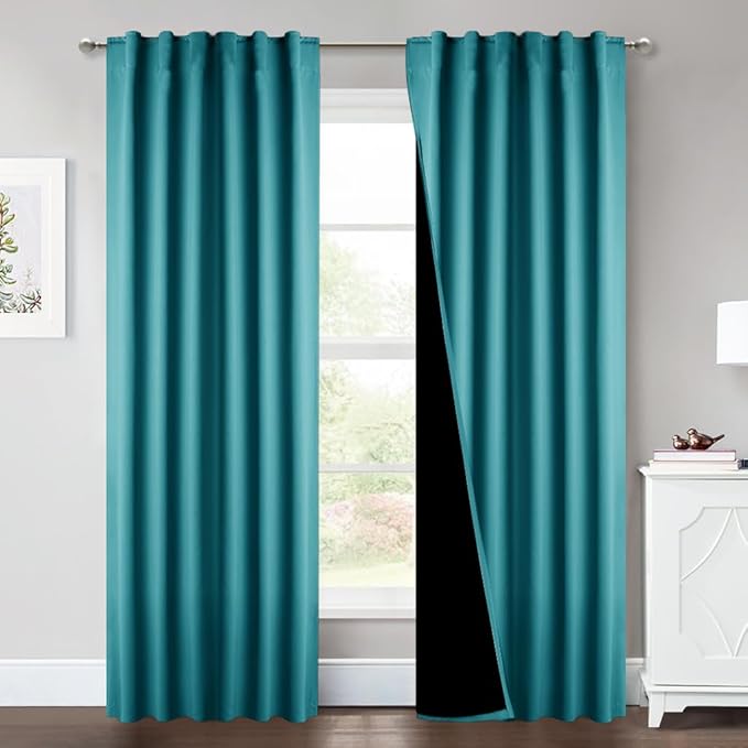 NICETOWN Peacock Teal Living Room Completely Shaded Draperies, Privacy Protection & Noise Reducing Drapes for Laundry, Black Lined Insulated Window Treatment Curtain Panels (2 Pieces, W52 x L84)