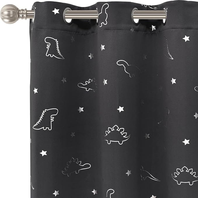 LORDTEX Dinosaur and Star Foil Print Blackout Curtains for Kids Room - Thermal Insulated Curtains Noise Reducing Window Drapes for Boys and Girls Bedroom, 42 x 84 Inch, Grey, Set of 2 Panels