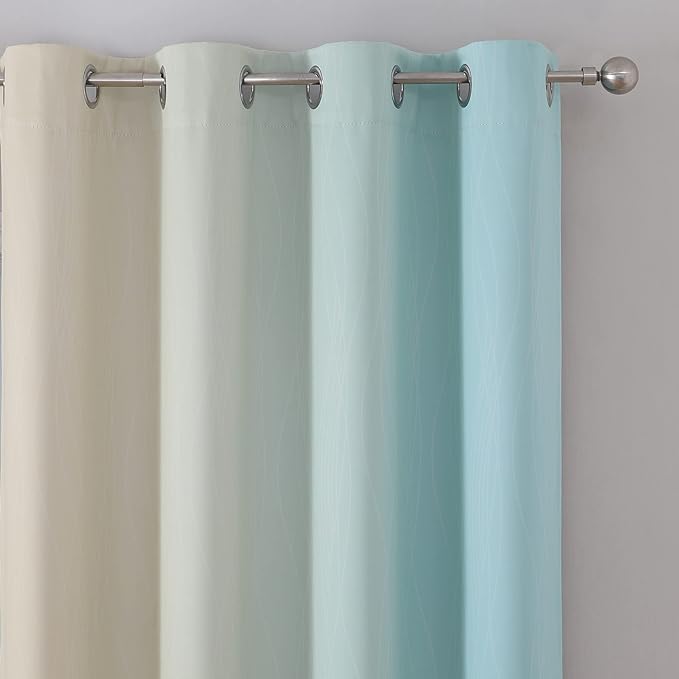 Estelar Textiler Aqua and Beige Ombre Blackout Curtains 45 Inch Length, Light Blocking Gradient Drapes for Kitchen, Thermal Insulated Grommet Curtains for Bathroom,52Wx45L,2 Panels