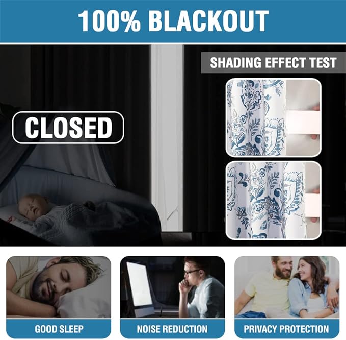 H.VERSAILTEX 100% Blackout Curtains for Bedroom Paisley Floral Printed Curtains 63 Inches Long Grommet Curtains & Drapes Thermal Curtains Window Treatments with Black Liner 2 Panels, Stone Blue
