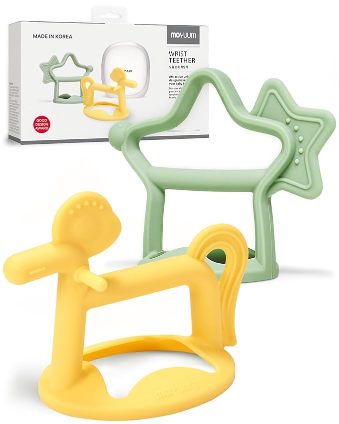 MOYUUM Wrist Teether Gift Set 100% Silicone, Wearable Type Baby Chew Toy Baby Gift for Newborn, Roly Poly Toy, Silicone Teething Toys for Infant and Toddler, Bracelet Type (Star Sage, Pony Yellow)