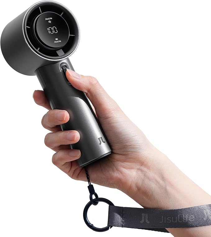 JISULIFE Handheld Fan Pro - Extreme Cooling Output: 1-100 Speed Scroll Wheel, Metal Body, Digital Display, 1.5H Fast Charge, 5000mAh-Portable Fan for Travel, Valentines Day Gifts for Her Him(Grey)