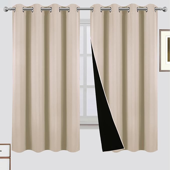 LEMOMO Blackout Curtains 52 x 63 Inch Light Beige Curtains 2 Panels Darkening Thermal Insulated Bedroom Curtains