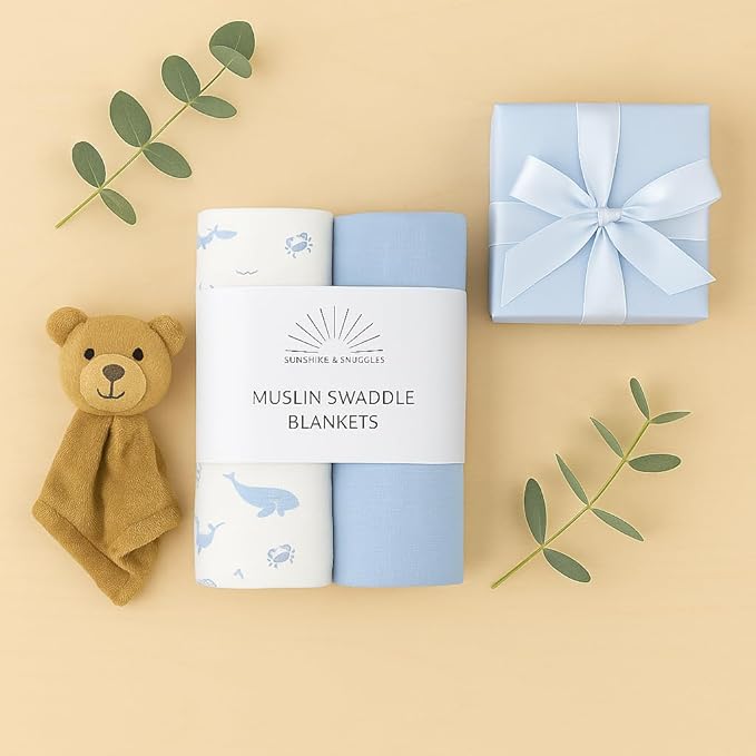 SUNSHINE & SNUGGLES Soft 100% Cotton Swaddles for Newborns, 2- Pack - Large, Breathable Baby Blanket - Versatile, Durable Muslin Swaddle Blankets - Perfect for Moms