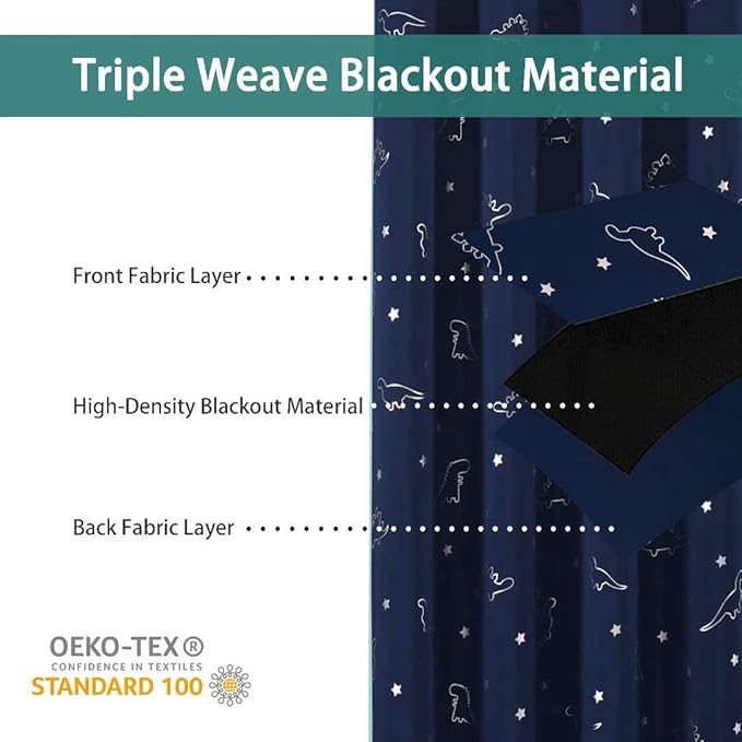 LORDTEX Dinosaur and Star Foil Print Blackout Curtains for Kids Room - Thermal Insulated Curtains Noise Reducing Window Drapes for Boys and Girls Bedroom, 52 x 95 Inch, Navy, Set of 2 Panels