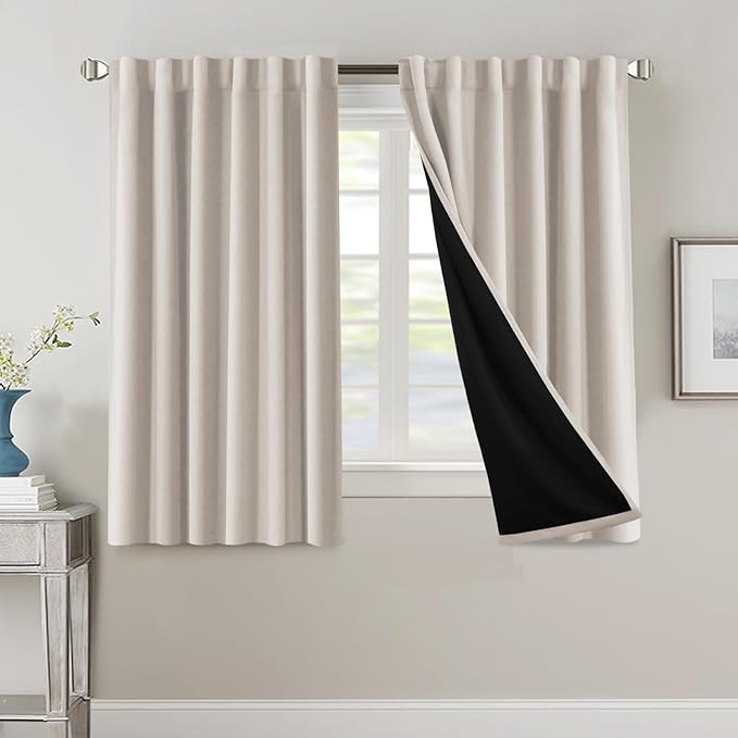 H.VERSAILTEX 100% Blackout Curtains for Bedroom with Black Liner Full Room Darkening Curtains 54 Inches Long Thermal Insulated Back Tab/Rod Pocket Window Drapes for Living Room, 2 Panels, Fog