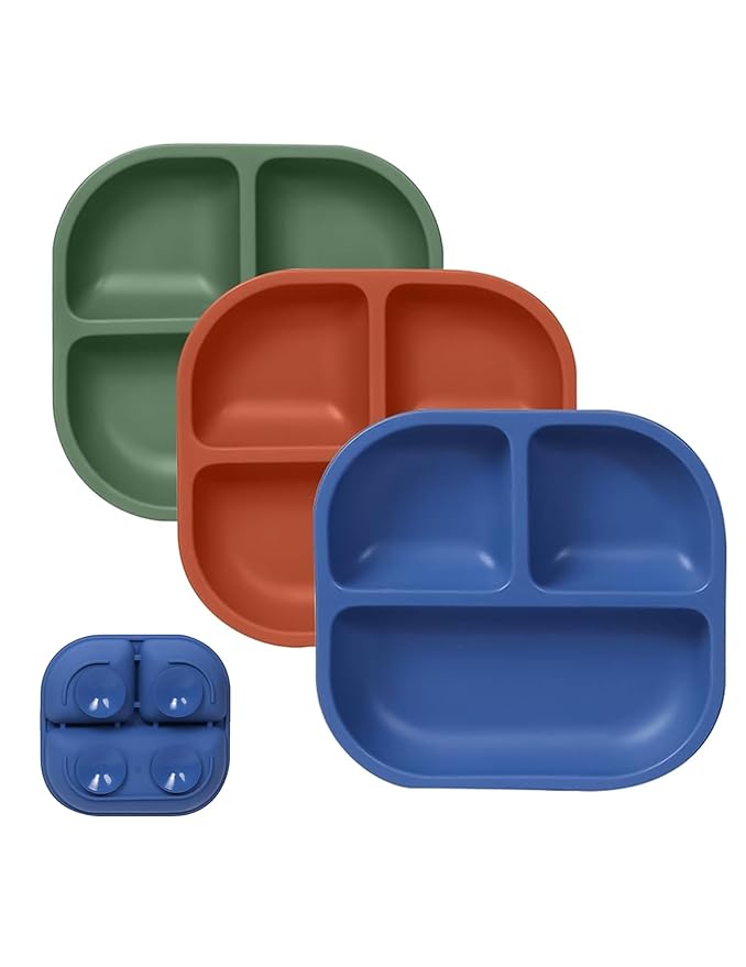 BABELIO Powerful Suction Plates for Baby & Toddler, 100% Food Grade Silicone, Divided, BPA Free, Microwave & Dishwasher Safe