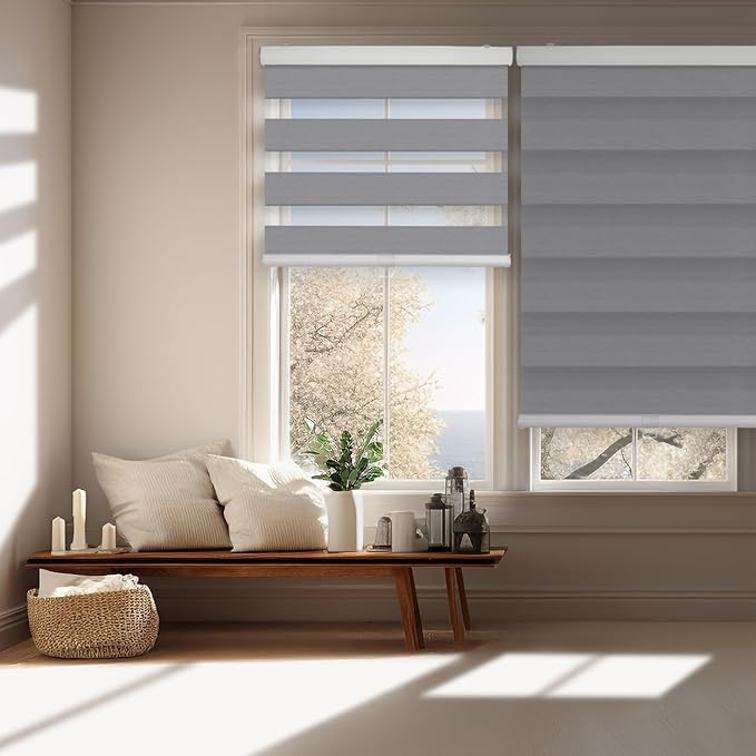 FOIRESOFT Standard Cordless Blackout Zebra Roller Shades and Blinds for Windows [Bonita, Grey, W 34 x H 64 inch] Dual Layer Sheer Room Darkening, Select 1x1 for Custom