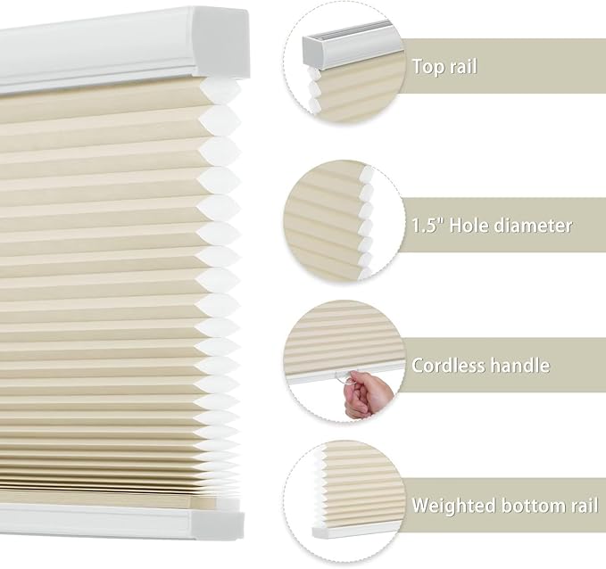Changshade Cordless Light Filtering Cellular Shades for Indoor Windows Doors, Pull Down Honeycomb Blinds Thermal Insulated 1.5 Inch Accordion for Home, Bedroom, Bathroom, Nursey,20" W×64" H, Beige