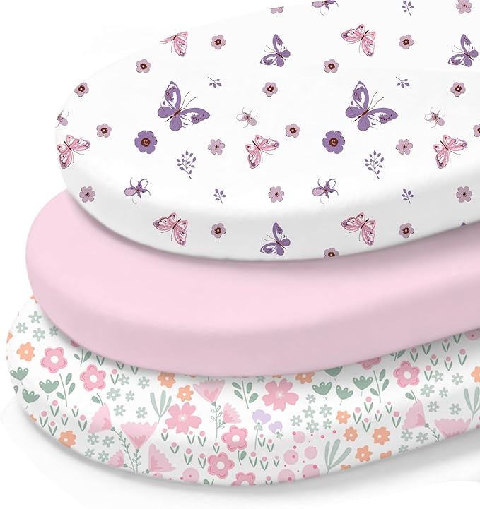 Little Grape Land Bassinet Sheets 3 Pack, 33" x 18" Fitted Bassinet Sheets Up to 4" Deep Pocket, Ultra Soft Baby Bassinet Fitted Sheets for Bassinet Mattress, Butterfly Bloom