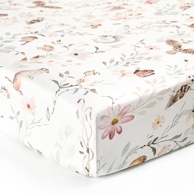 GRSSDER Stretch Ultra Soft Jersey Knit Fitted Crib Sheets Set 2 Pack，Fit All Standard Crib Mattress Pads Safe and Snug, Crib Fitted Sheet for Girls, Beautiful Blush Pink Floral and Cute Animals Print