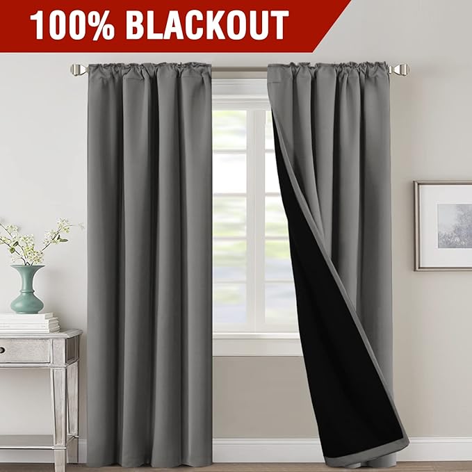H.VERSAILTEX 100% Blackout Curtains for Bedroom with Black Liner Full Room Darkening Curtains Thermal Insulated Back Tab/Rod Pocket Window Drapes for Living Room, 2 Panels, 42 x 84 Inch, Grey