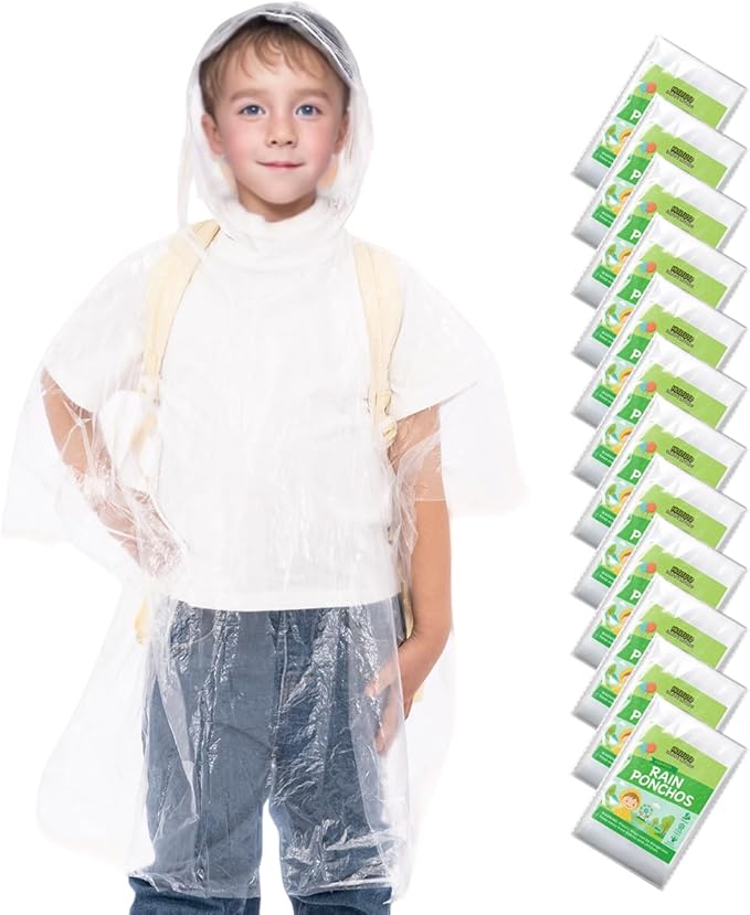 Hitituto Rain Ponchos Family Pack Kids– 6/12/24 Pack Disposable Poncho with Hood, Clear & Assorted Colors, Home Survival Kits