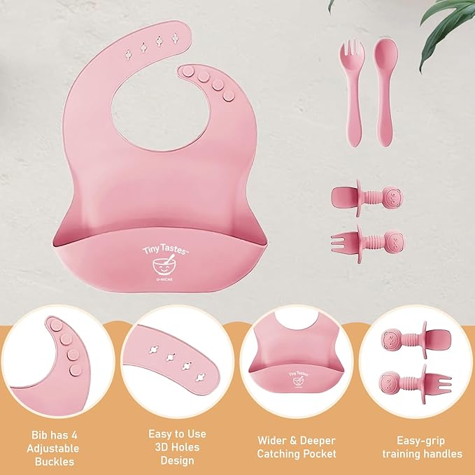 Tiny Tastes 10-Piece Silicone Baby Feeding Set – BPA-Free, Spill-Proof Suction Plate, Bowl, Bib, Snack Cup & Utensils | Dishwasher Safe, Baby Gift Ready (Light Pink)
