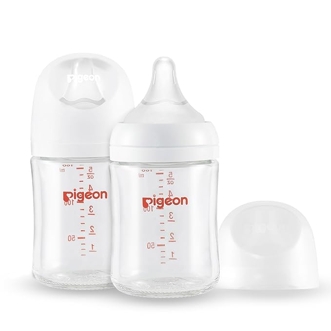 Pigeon Glass Nursing Bottle Wide Neck, Anti-Colic, Streamlined Body, Natural Feel, Easy to Clean, Heat-Resistant, 5.4 Oz (Pack of 2), Includes 2pcs SS Nipples (0m+)