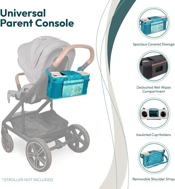 WONDERFOLD Universal Parent Console Stroller Organizer with Insulated Cup Holders, Hook & Loop Closure Handle Attachment, 2 Storage Pockets, Removable Shoulder Strap for Easy Transport
