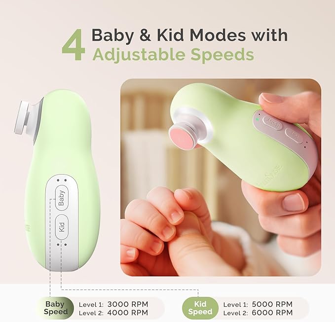 MelodySusie Baby Electric Nail File Kit, PC20F Magnetic Rechargeable & Safe Nail Trimmer with Night Light, Quiet Operation for Newborns, Infants, Toddlers, Gentle Nail Care Clipper, Green