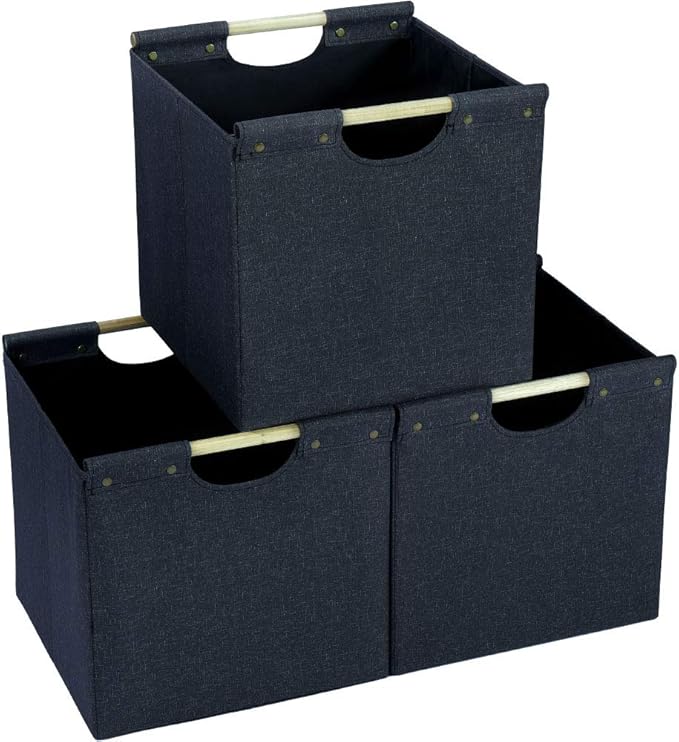 HOONEX Collapsible Storage Bins, 13x13x13in Storage Cubes Linen Fabric, 3 Pack, Storage Baskets with Wooden Carry Handles and Sturdy Heavy Cardboard, for Home, Office, Car, Nursery, Dark Grey