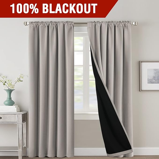 H.VERSAILTEX 100% Blackout Curtains for Bedroom with Black Liner Full Room Darkening Curtains 84 Inches Long Thermal Insulated Back Tab/Rod Pocket Window Drapes for Living Room, 2 Panels, Warm Taupe