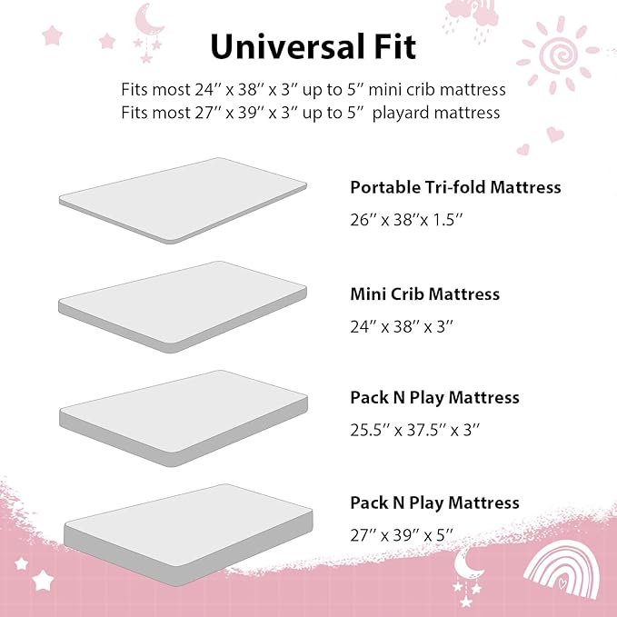 Baby Mini Crib Sheets Girl, Portable 38”x26” Pack and Play Sheets Fitted for Playard and Pack N Play Mattress, 3-Pack Soft Microfiber Pink Rainbow