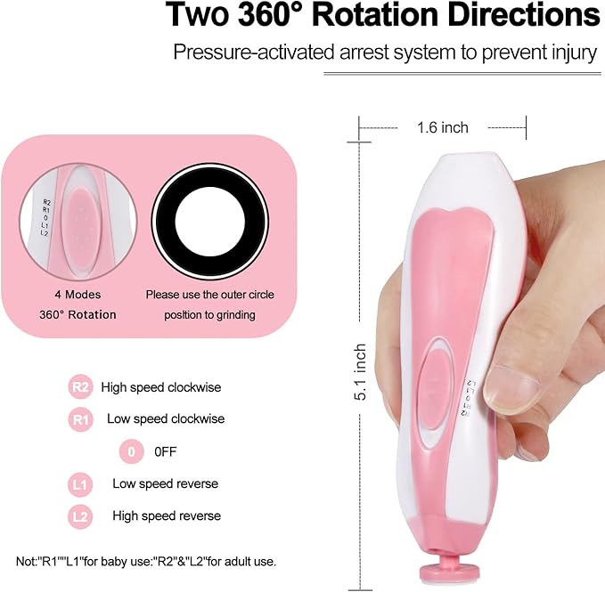 Baby Nail Trimmer Electric, Low Noise Newborn Safe Nail Clipper Kit with Light and Replaceable 6 Grinding Heads, Hand-Holding Care Polish and Trim for Infant Toddler Adults Toes Fingernails, Pink