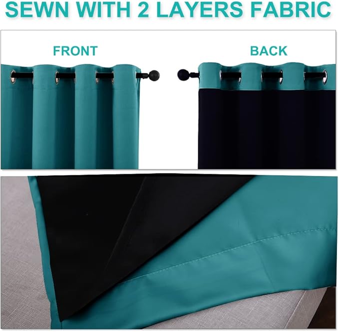 NICETOWN 100% Blackout Curtains for Windows, Pack of 2, Peacock Teal, 52" W x 102" L, Super Heavy-Duty Black Lined Total Darkness Drapes for Bedroom, Privacy Assured Window Treatment for Patio