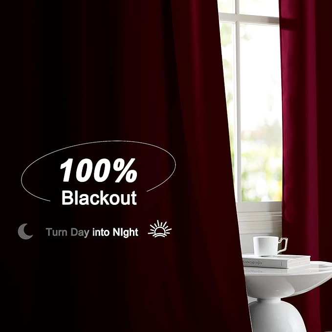 NICETOWN Wine Red 100% Blackout Window Curtain Panels, 52 x 84 Inches Cold & Full Light Blocking Thermal Insulated Draperies with Black Liner for Bedroom Nursery, Rod Pocket Style (2 Pieces)