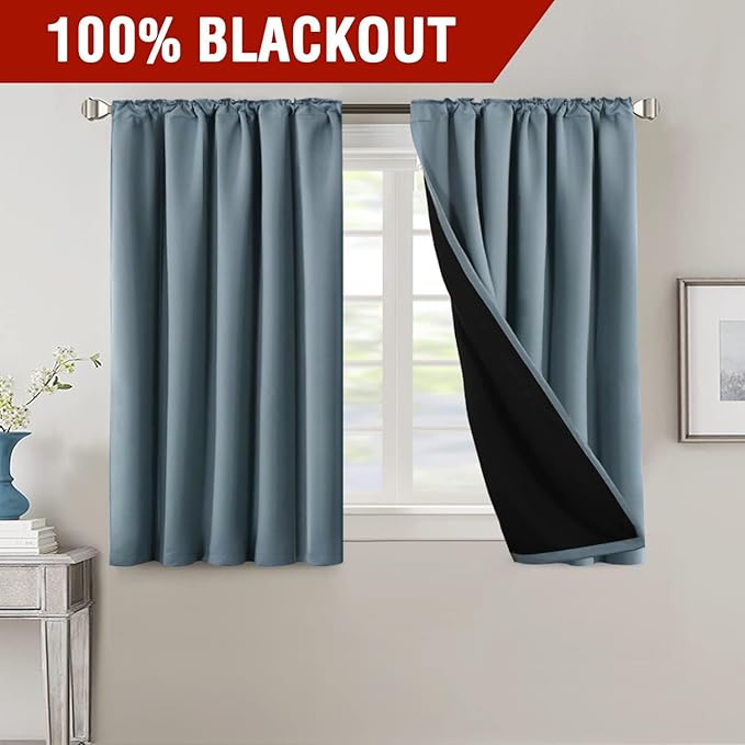 H.VERSAILTEX 100% Blackout Curtains for Bedroom with Black Liner Full Room Darkening Curtains 45 Inches Long Thermal Insulated Back Tab/Rod Pocket Window Drapes for Living Room, 2 Panels, Stone Blue