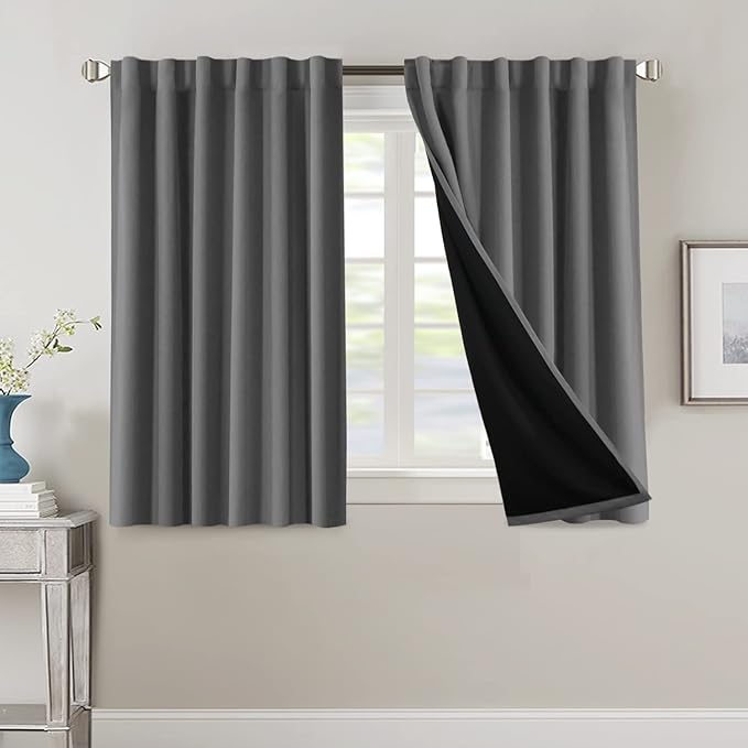 H.VERSAILTEX 100% Blackout Curtains for Bedroom with Black Liner Full Room Darkening Curtains 45 Inches Long Thermal Insulated Back Tab/Rod Pocket Window Drapes for Living Room, 2 Panels, Grey