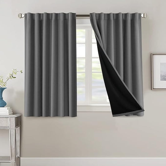 H.VERSAILTEX 100% Blackout Curtains for Bedroom with Black Liner Full Room Darkening Curtains 45 Inches Long Thermal Insulated Back Tab/Rod Pocket Window Drapes for Living Room, 2 Panels, Grey