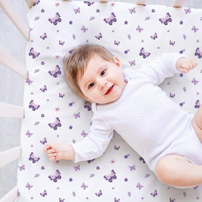 4 Pack Butterfly Baby Crib Sheets for Baby Girls Purple Crib Fitted Sheets for Standard Size Crib and Toddler Mattress Soft and Breathable (Pack N Play)