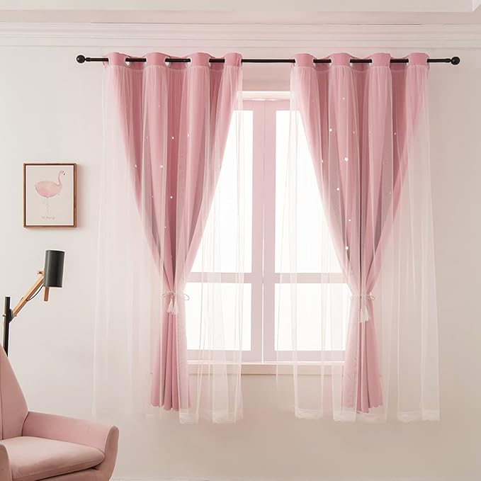 Pink Curtains for Girls Bedroom Kids Baby Room Decor Cute Double Layer Star Cutout Curtains Room Darkening Window Curtain for Nursery (Pink, 42W x 84L,2 Panels)