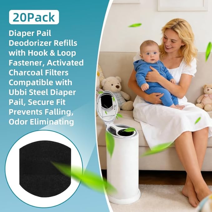 20 Pack Diaper Pail Deodorizer Refills with Hook & Loop Fastener, Activated Charcoal Filters Compatible with Ubbi Steel Diaper Pail, Secure Fit Prevents Falling, Odor Eliminating