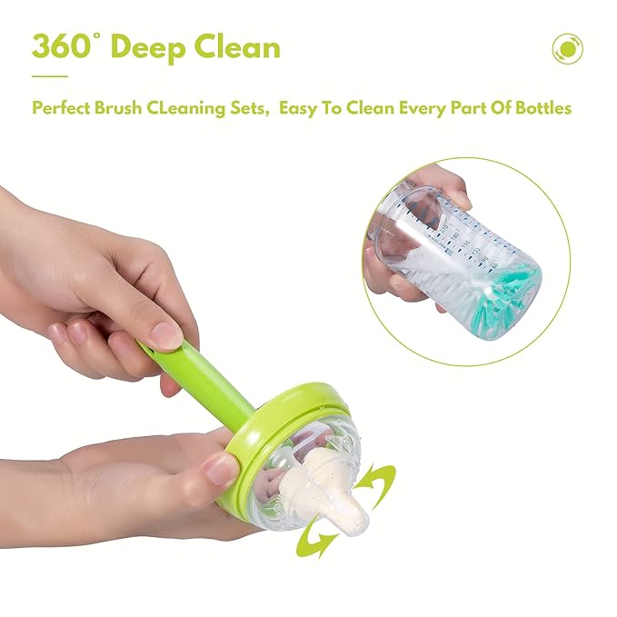 CAREBABYMORE Baby Bottle Brush with One Base Hidden Nylon Nipple Cleaner, 2 Pcs Sponge Nipple Brushes, 2 Pcs Straw Brushes, Bottle Brush with Nipple Cleaner and Suction Cup (Pink)